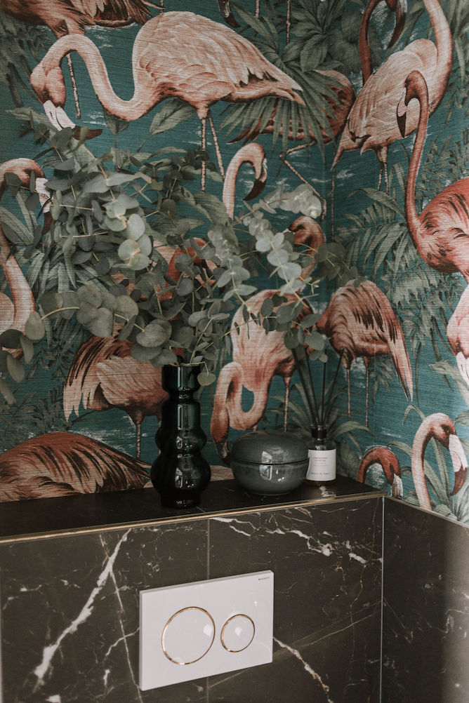 Arte flamingo behang op toilet